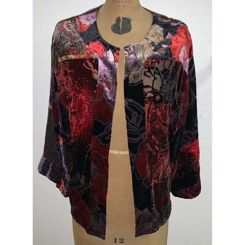 Chico's Burnout Jacket Women's Size Small Silk Patchwork Velvet Wide Sleeves
